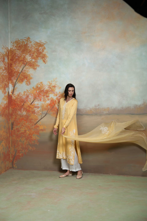 Yellow & White Embroidery Cotton Silk & Organza Kurta Set (3 Pcs)
