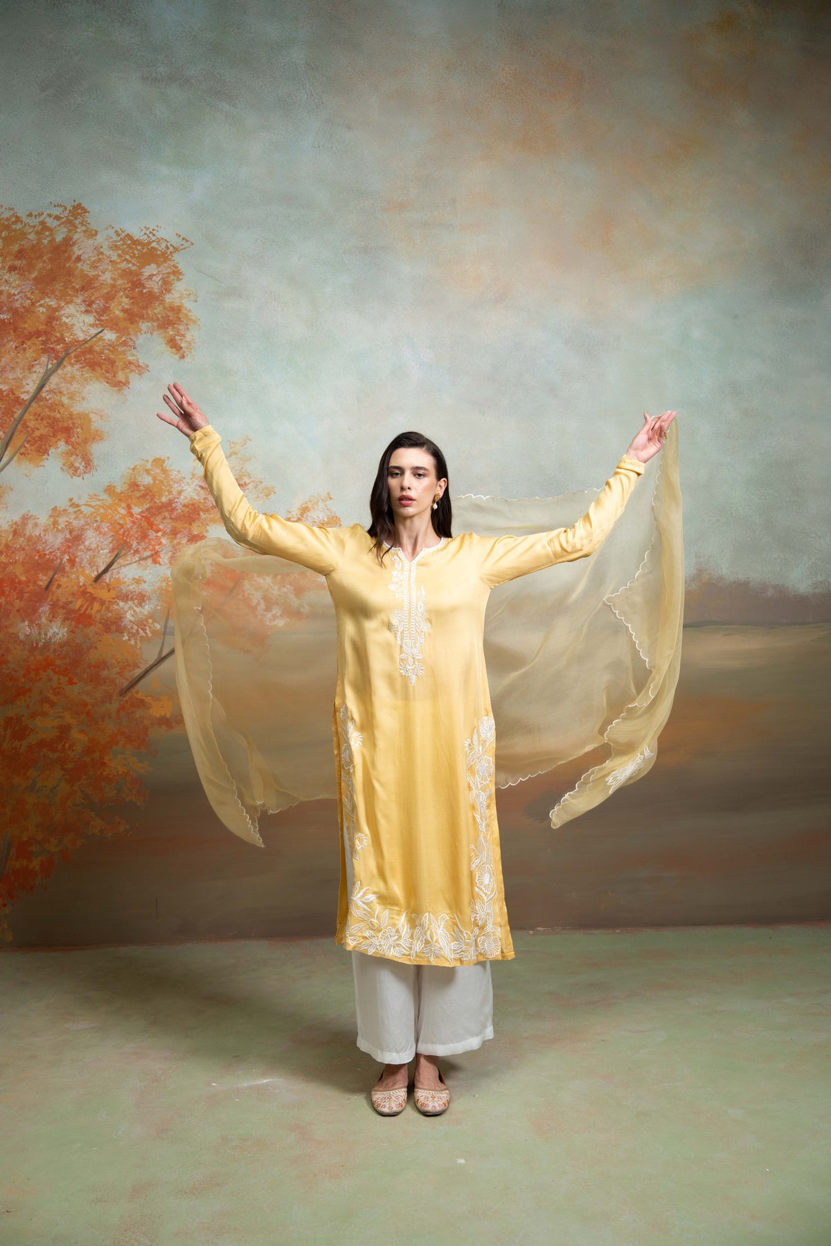 Yellow & White Embroidery Cotton Silk & Organza Kurta Set (3 Pcs)
