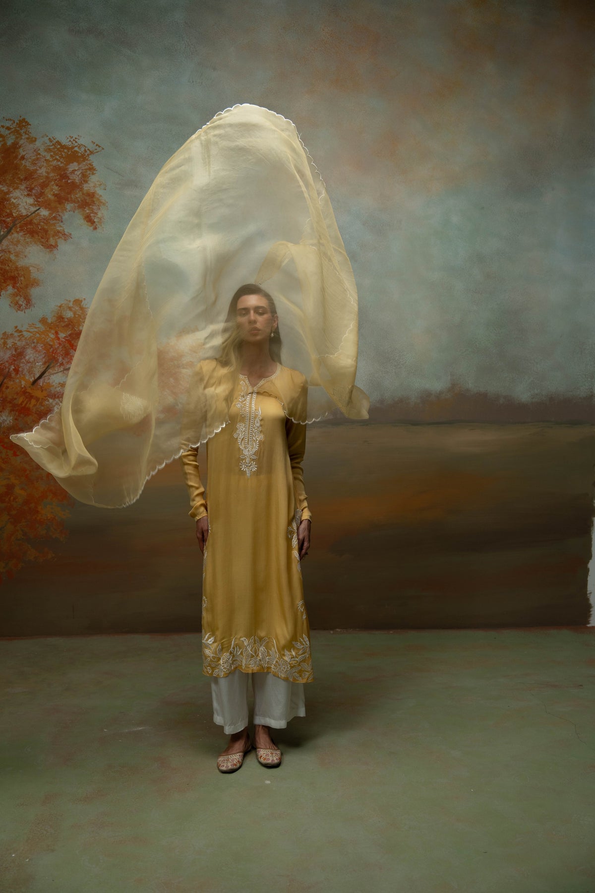 Yellow & White Embroidery Cotton Silk & Organza Kurta Set (3 Pcs)