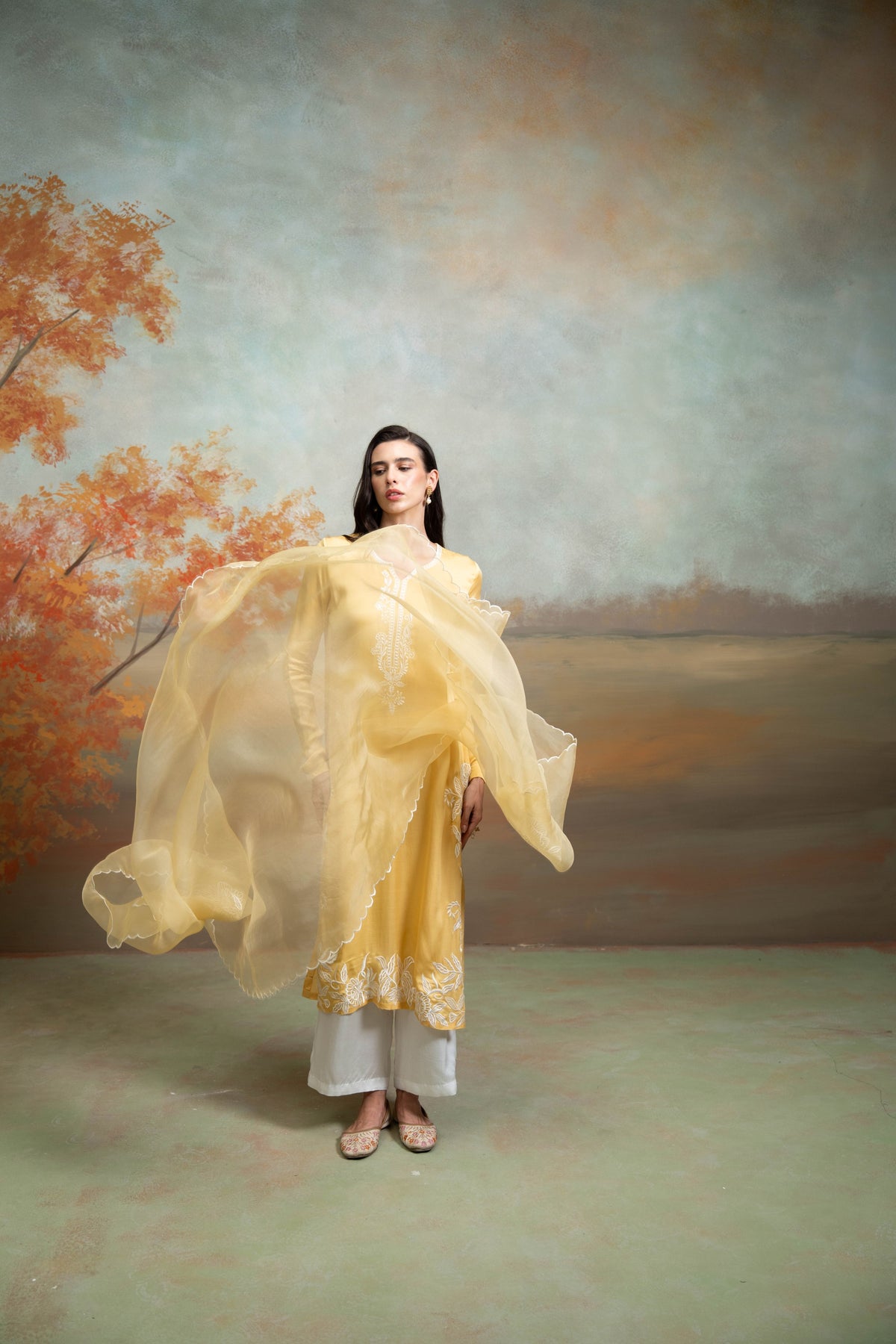Yellow & White Embroidery Cotton Silk & Organza Kurta Set (3 Pcs)