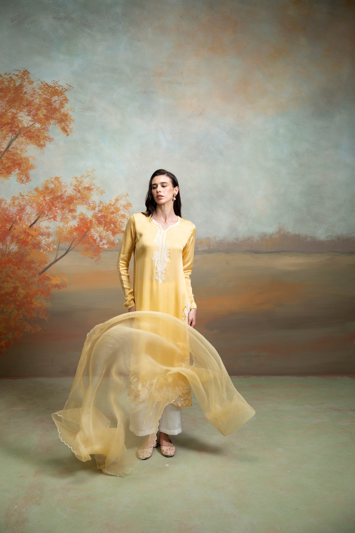 Yellow & White Embroidery Cotton Silk & Organza Kurta Set (3 Pcs)