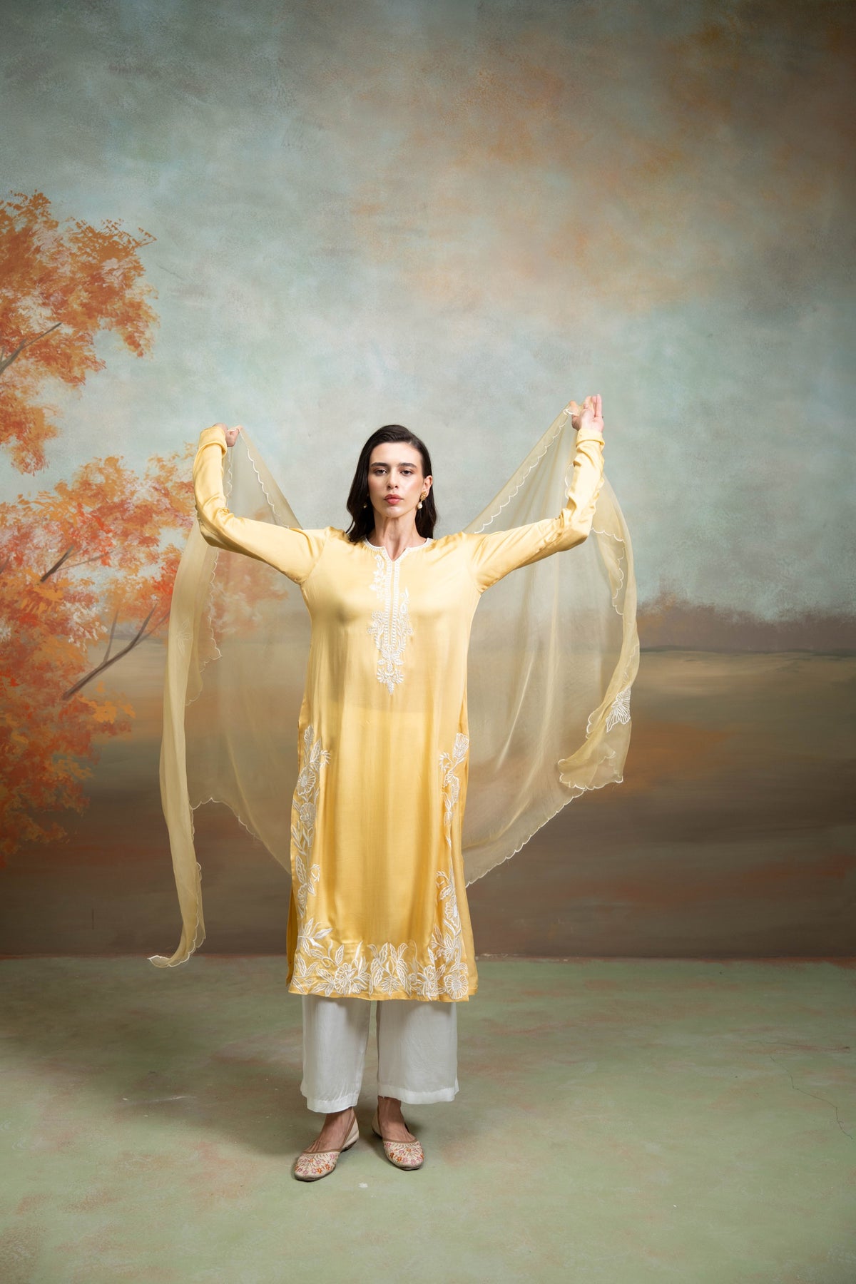 Yellow & White Embroidery Cotton Silk & Organza Kurta Set (3 Pcs)