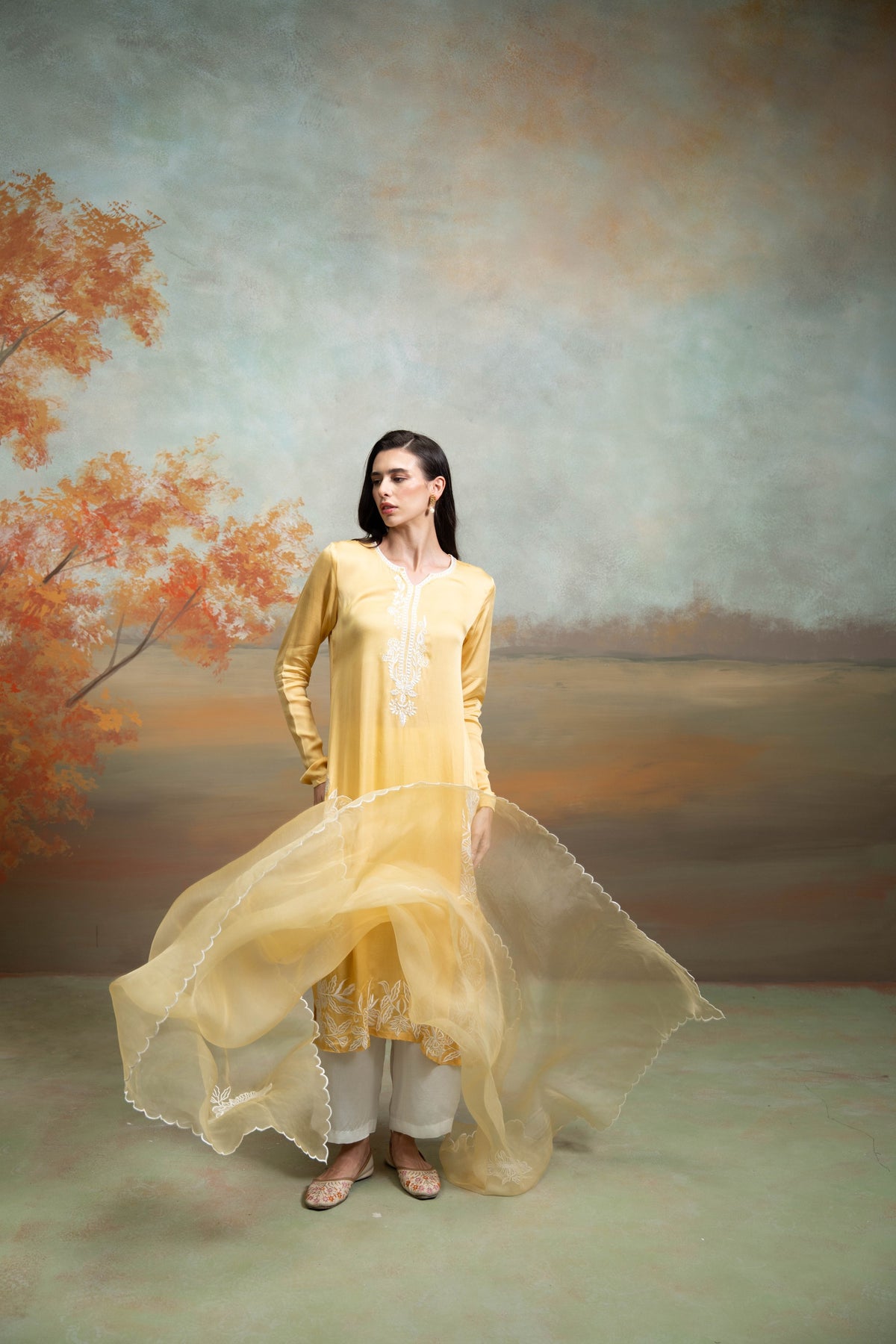 Yellow & White Embroidery Cotton Silk & Organza Kurta Set (3 Pcs)