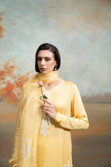 Yellow & White Embroidery Cotton Silk & Organza Kurta Set (3 Pcs)