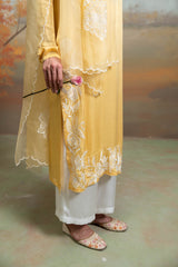 Yellow & White Embroidery Cotton Silk & Organza Kurta Set (3 Pcs)
