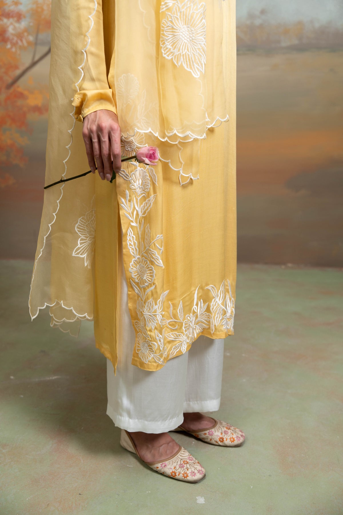 Yellow & White Embroidery Cotton Silk & Organza Kurta Set (3 Pcs)