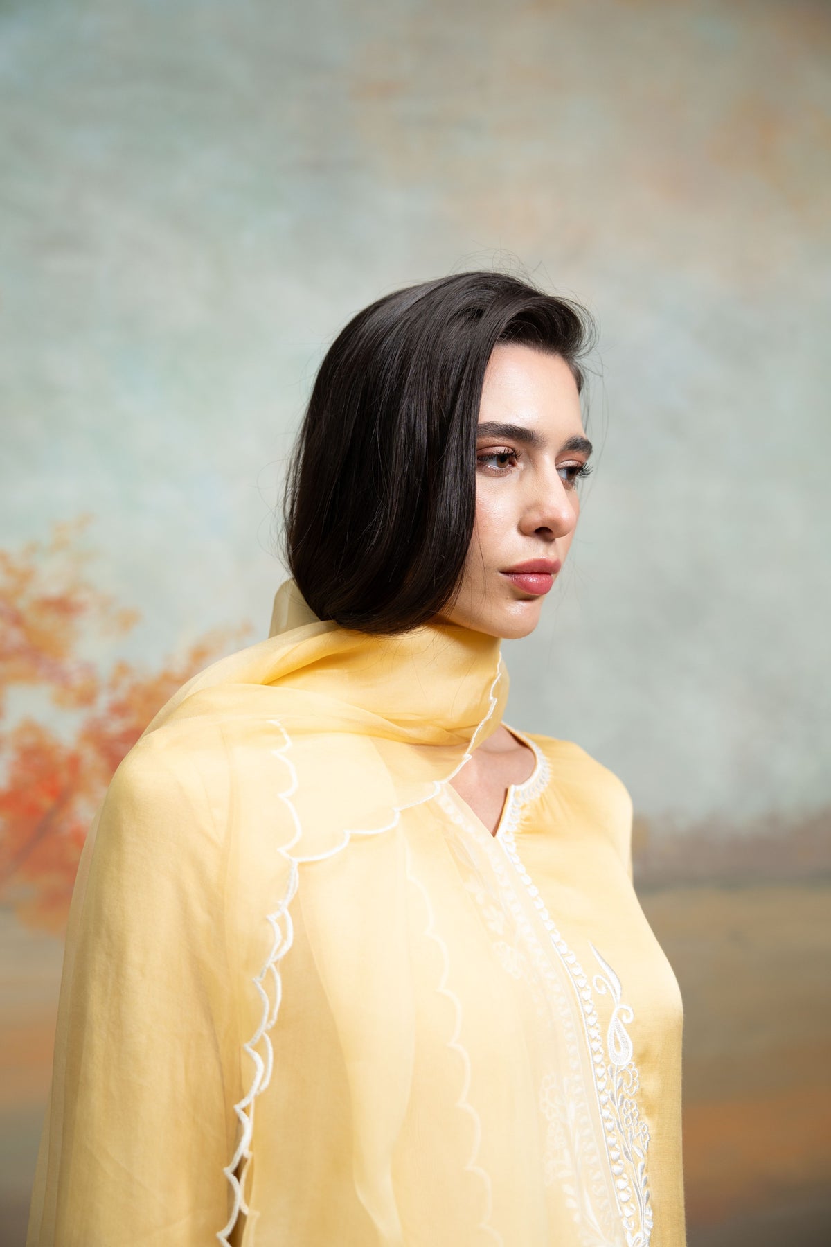 Yellow & White Embroidery Cotton Silk & Organza Kurta Set (3 Pcs)