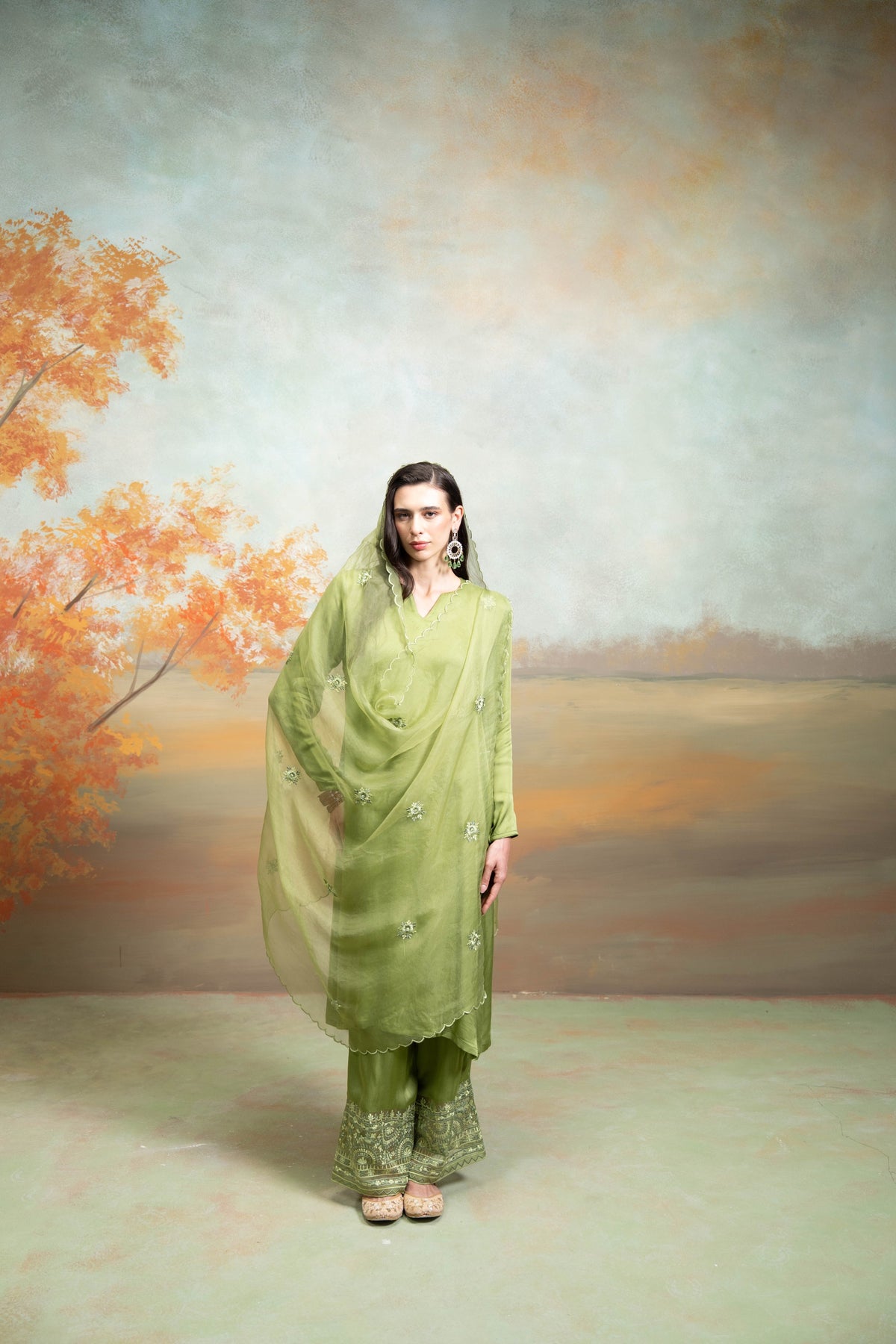 Green Organza Detailing Cotton Silk Kurta Set (3-Piece Set)