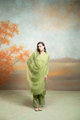 Green Organza Detailing Cotton Silk Kurta Set (3-Piece Set)