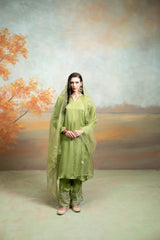 Green Organza Detailing Cotton Silk Kurta Set (3-Piece Set)