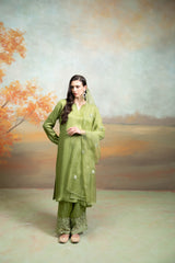 Green Organza Detailing Cotton Silk Kurta Set (3-Piece Set)