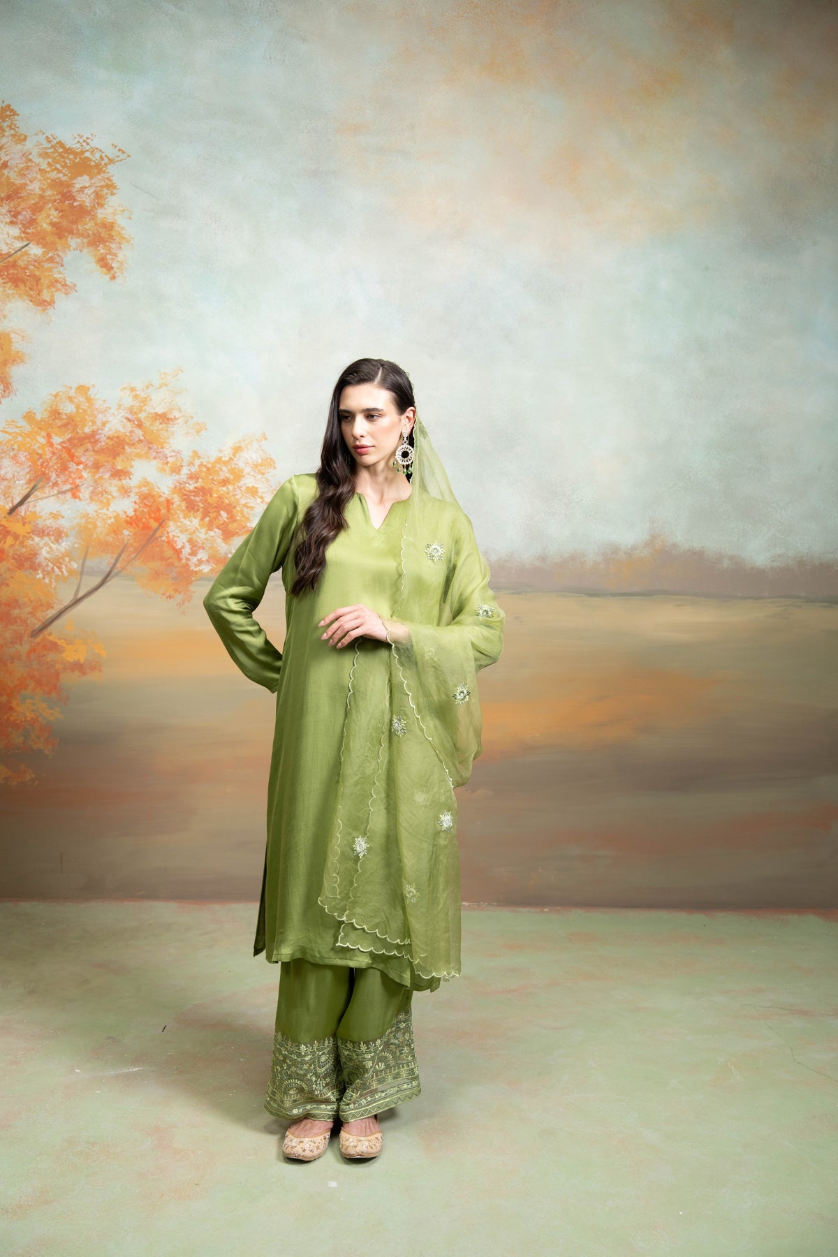 Green Organza Detailing Cotton Silk Kurta Set (3-Piece Set)