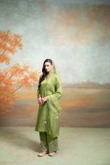 Green Organza Detailing Cotton Silk Kurta Set (3-Piece Set)