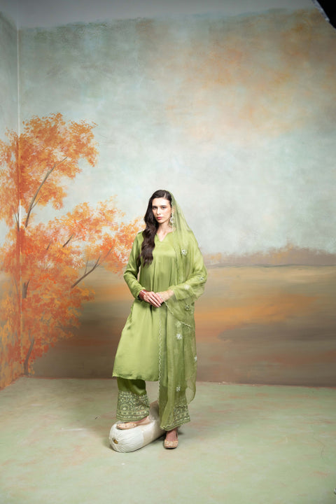 Green Organza Detailing Cotton Silk Kurta Set (3-Piece Set)