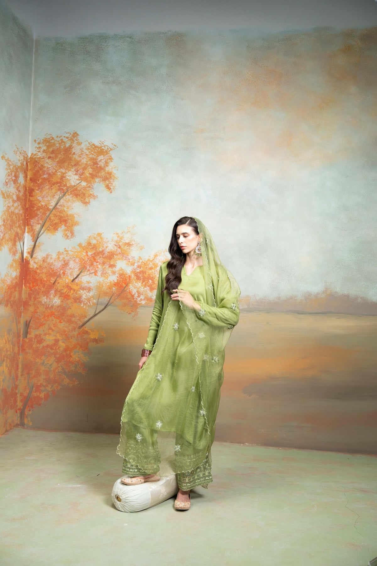 Green Organza Detailing Cotton Silk Kurta Set (3-Piece Set)