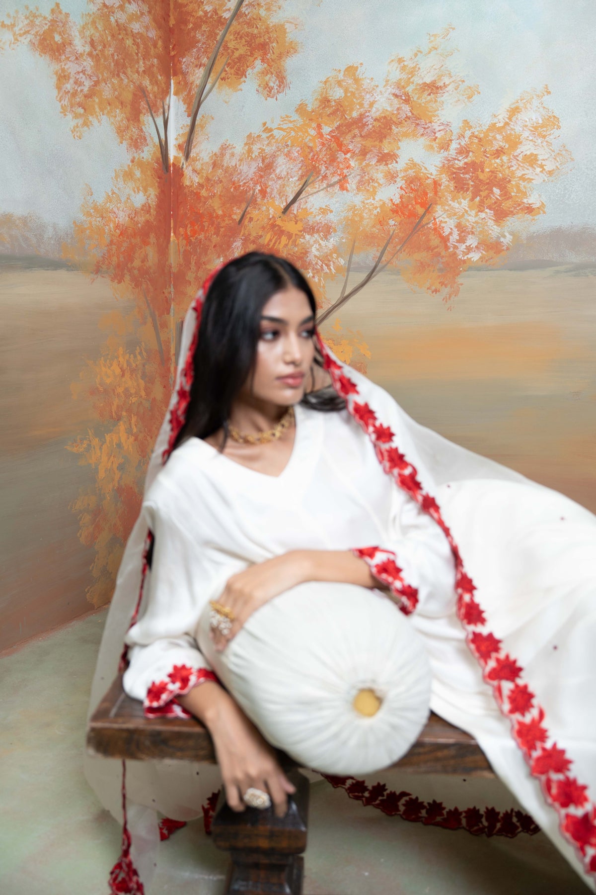White & Red Floral Embroidery Cotton Silk & Organza Anarkali Set (3 Pcs)