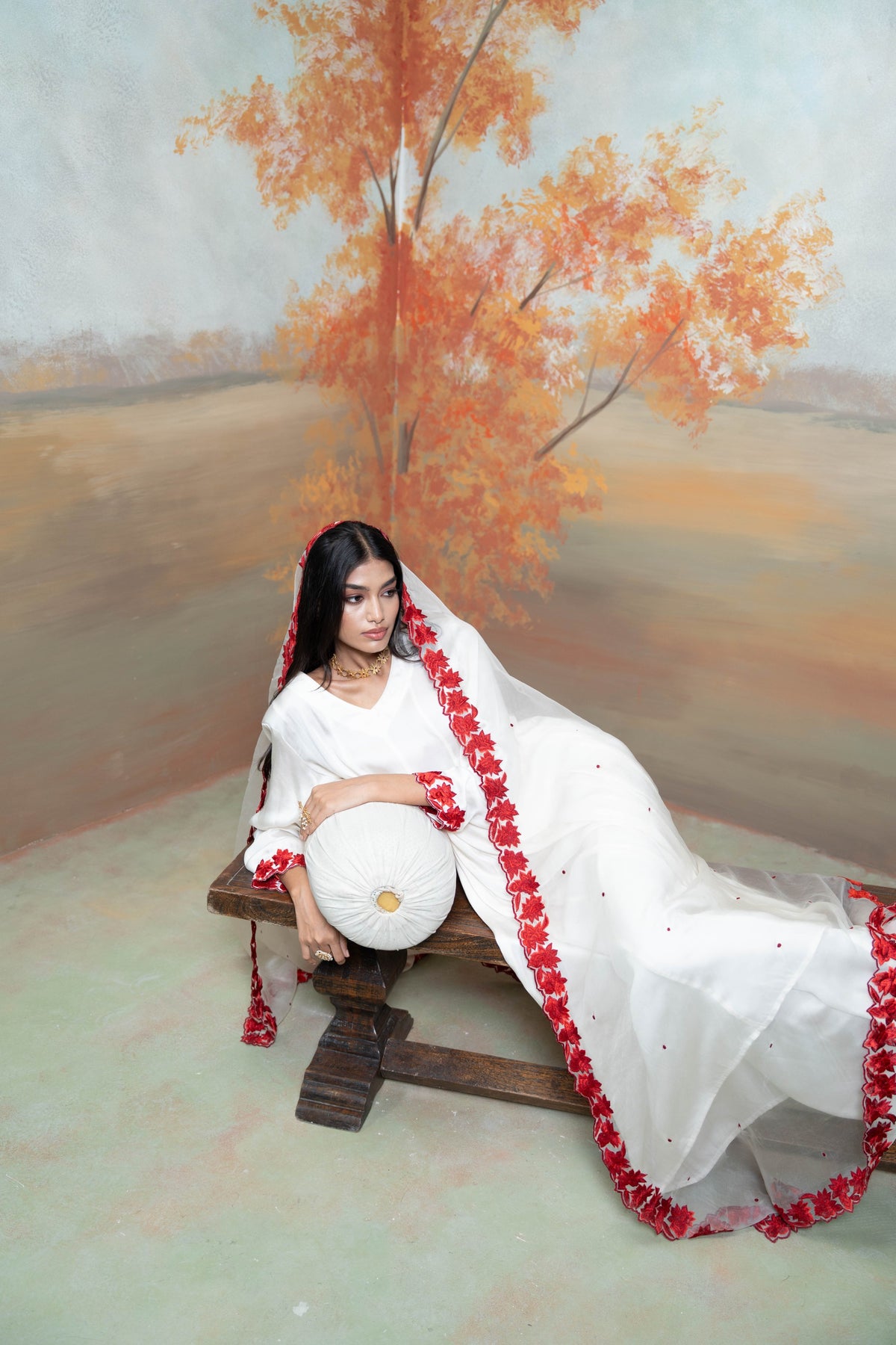 White & Red Floral Embroidery Cotton Silk & Organza Anarkali Set (3 Pcs)