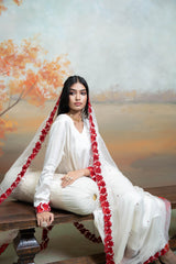 White & Red Floral Embroidery Cotton Silk & Organza Anarkali Set (3 Pcs)