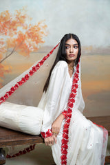 White & Red Floral Embroidery Cotton Silk & Organza Anarkali Set (3 Pcs)