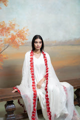 White & Red Floral Embroidery Cotton Silk & Organza Anarkali Set (3 Pcs)