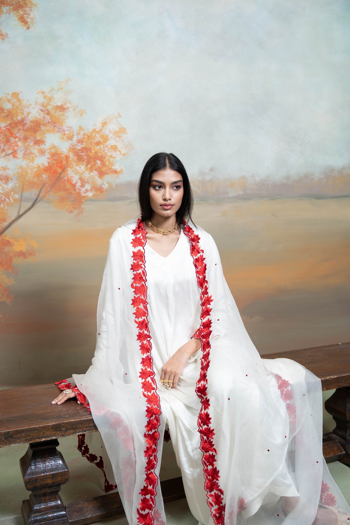 White & Red Floral Embroidery Cotton Silk & Organza Anarkali Set (3 Pcs)
