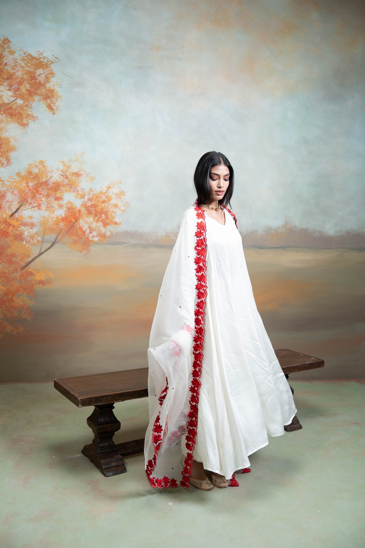 White & Red Floral Embroidery Cotton Silk & Organza Anarkali Set (3 Pcs)