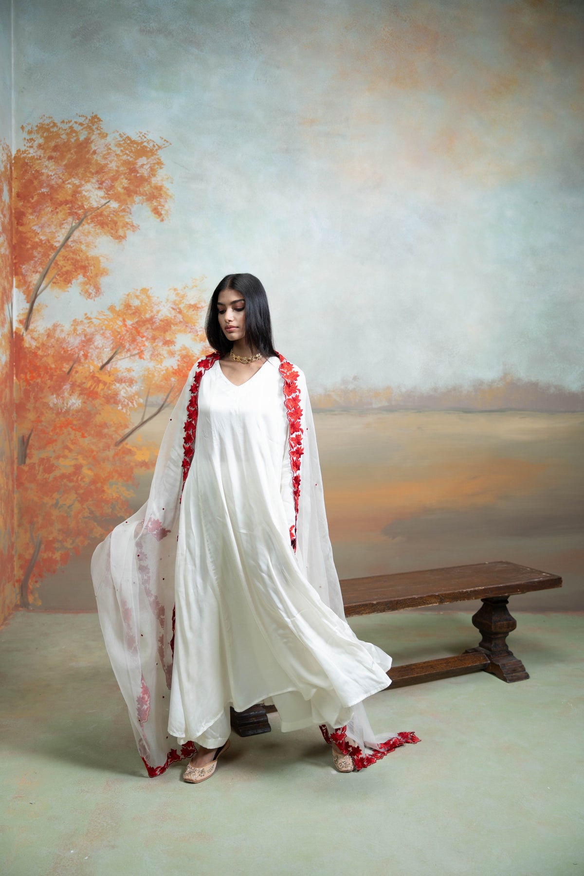 White & Red Floral Embroidery Cotton Silk & Organza Anarkali Set (3 Pcs)