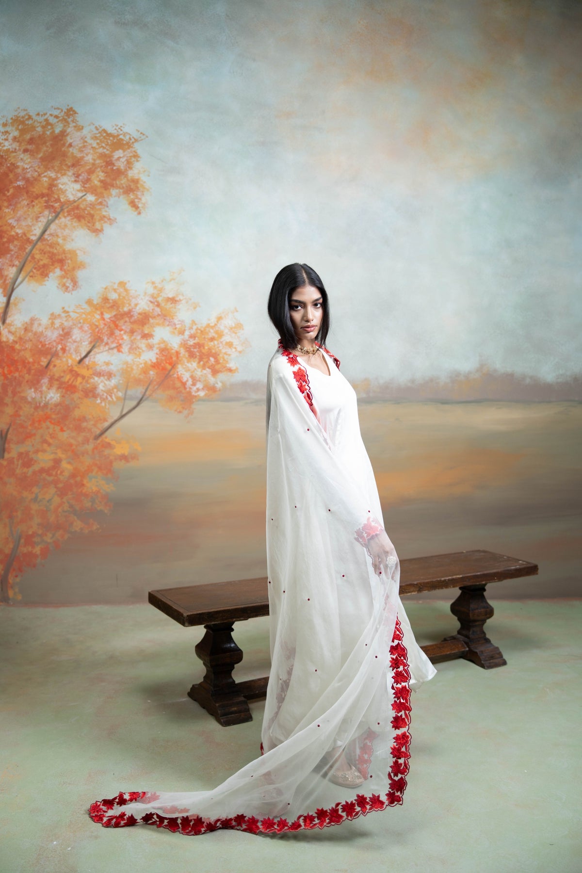 White & Red Floral Embroidery Cotton Silk & Organza Anarkali Set (3 Pcs)