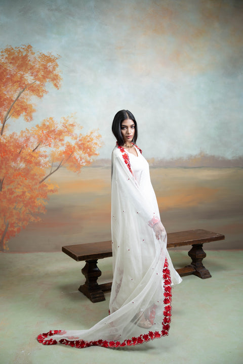 White & Red Floral Embroidery Cotton Silk & Organza Anarkali Set (3 Pcs)