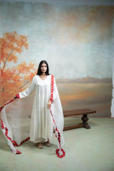 White & Red Floral Embroidery Cotton Silk & Organza Anarkali Set (3 Pcs)