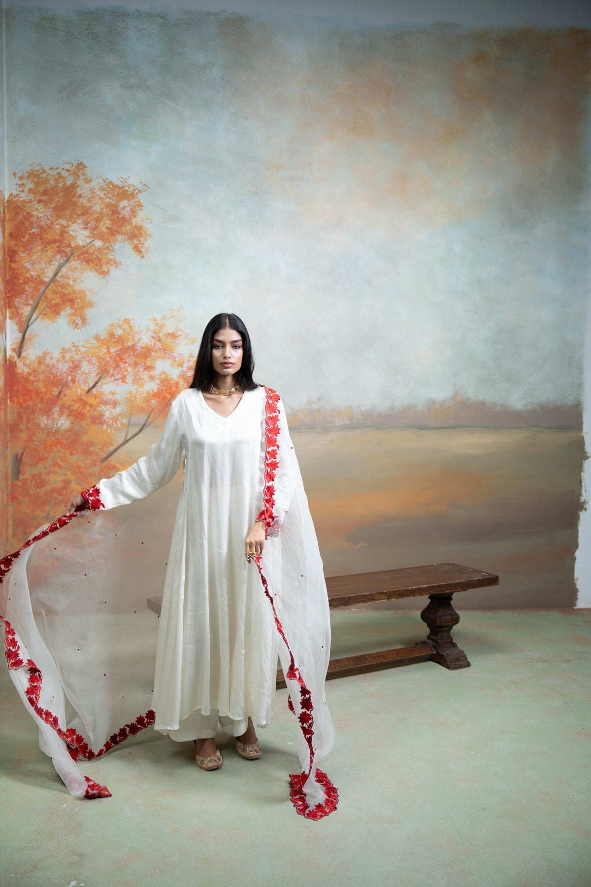 White & Red Floral Embroidery Cotton Silk & Organza Anarkali Set (3 Pcs)