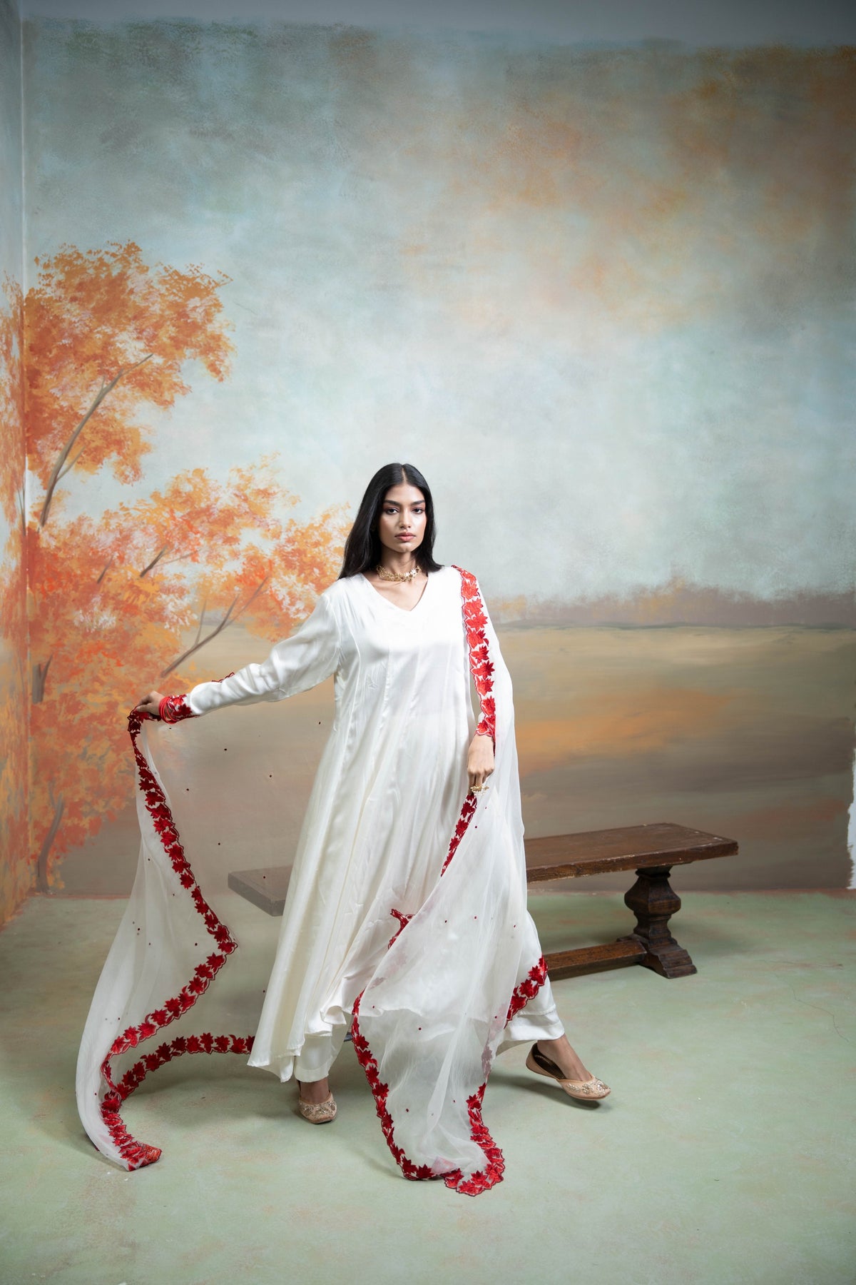White & Red Floral Embroidery Cotton Silk & Organza Anarkali Set (3 Pcs)