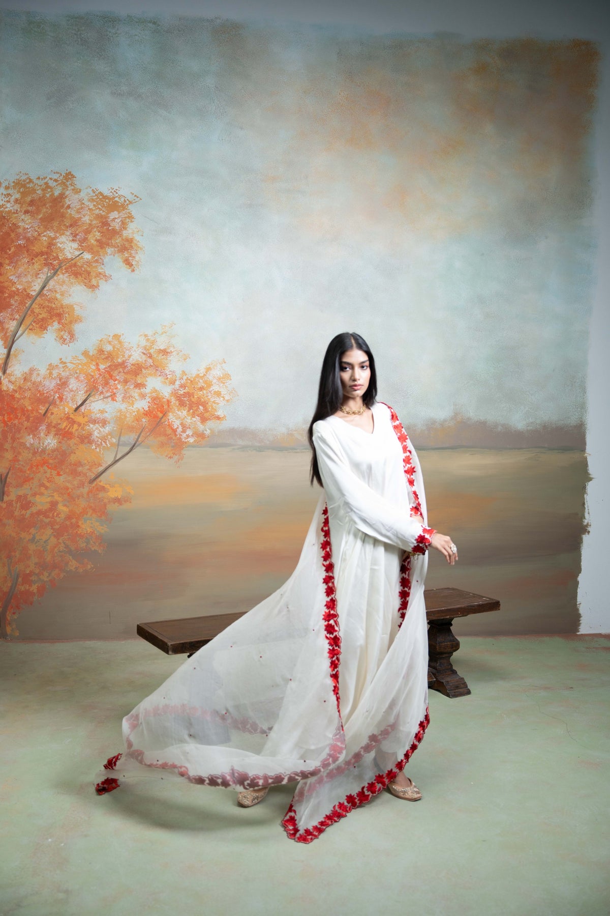 White & Red Floral Embroidery Cotton Silk & Organza Anarkali Set (3 Pcs)