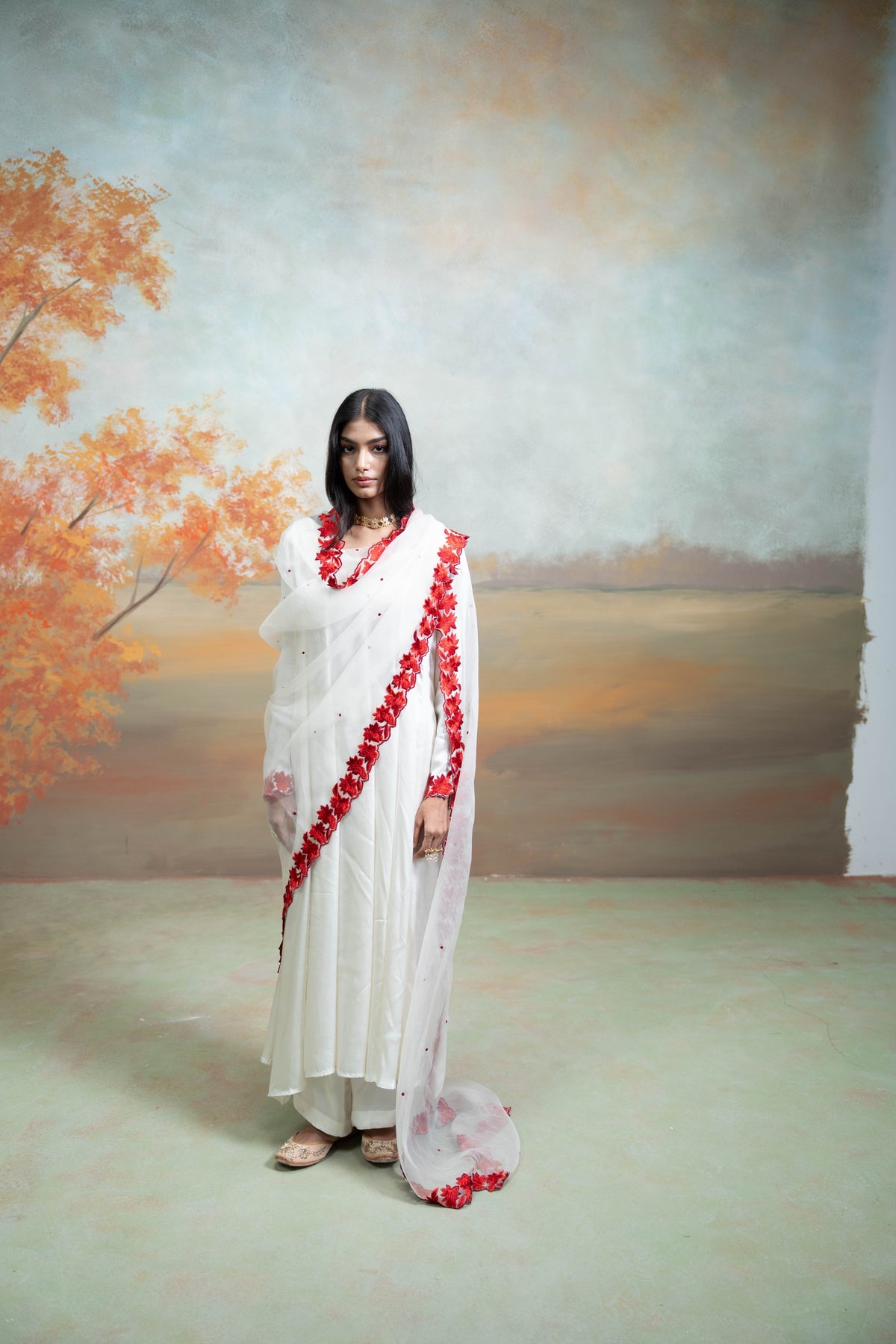 White & Red Floral Embroidery Cotton Silk & Organza Anarkali Set (3 Pcs)