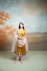 Yellow & Pink Textured Detailing Cotton Blend Anarkali Set (3 Pcs)