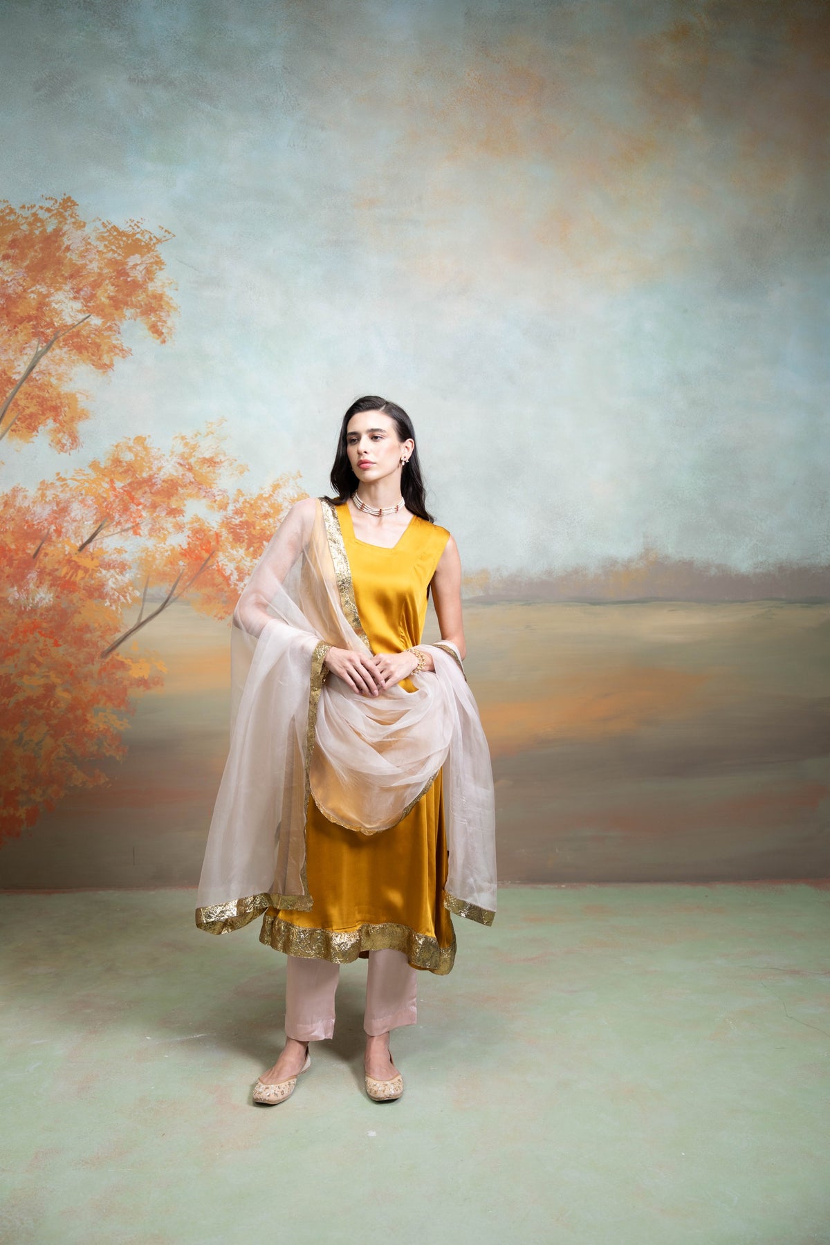 Yellow & Pink Textured Detailing Cotton Blend Anarkali Set (3 Pcs)