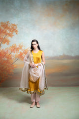 Yellow & Pink Textured Detailing Cotton Blend Anarkali Set (3 Pcs)