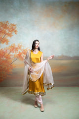 Yellow & Pink Textured Detailing Cotton Blend Anarkali Set (3 Pcs)
