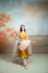 Yellow & Pink Textured Detailing Cotton Blend Anarkali Set (3 Pcs)