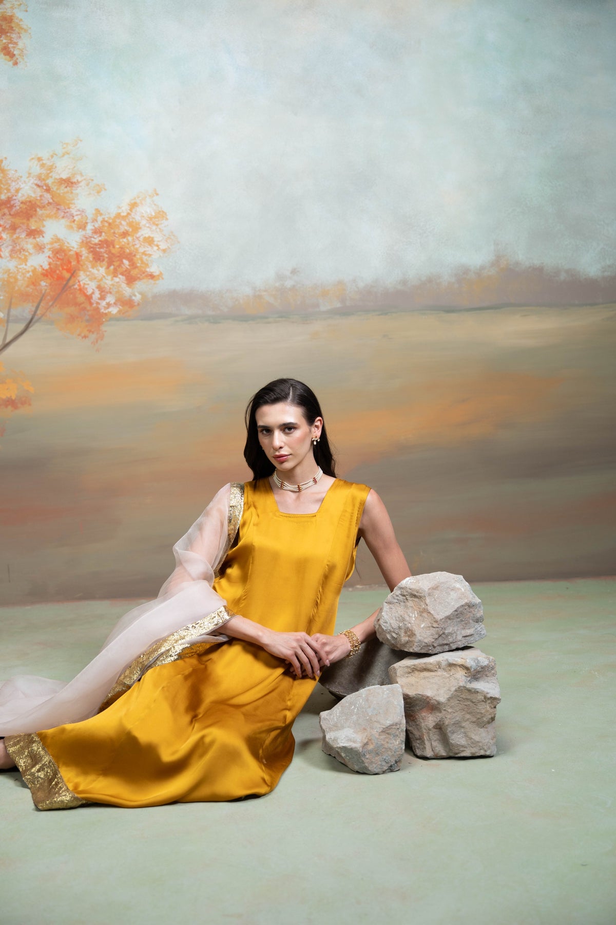 Yellow & Pink Textured Detailing Cotton Blend Anarkali Set (3 Pcs)
