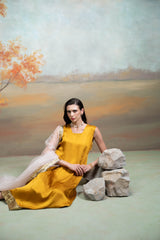 Yellow & Pink Textured Detailing Cotton Blend Anarkali Set (3 Pcs)
