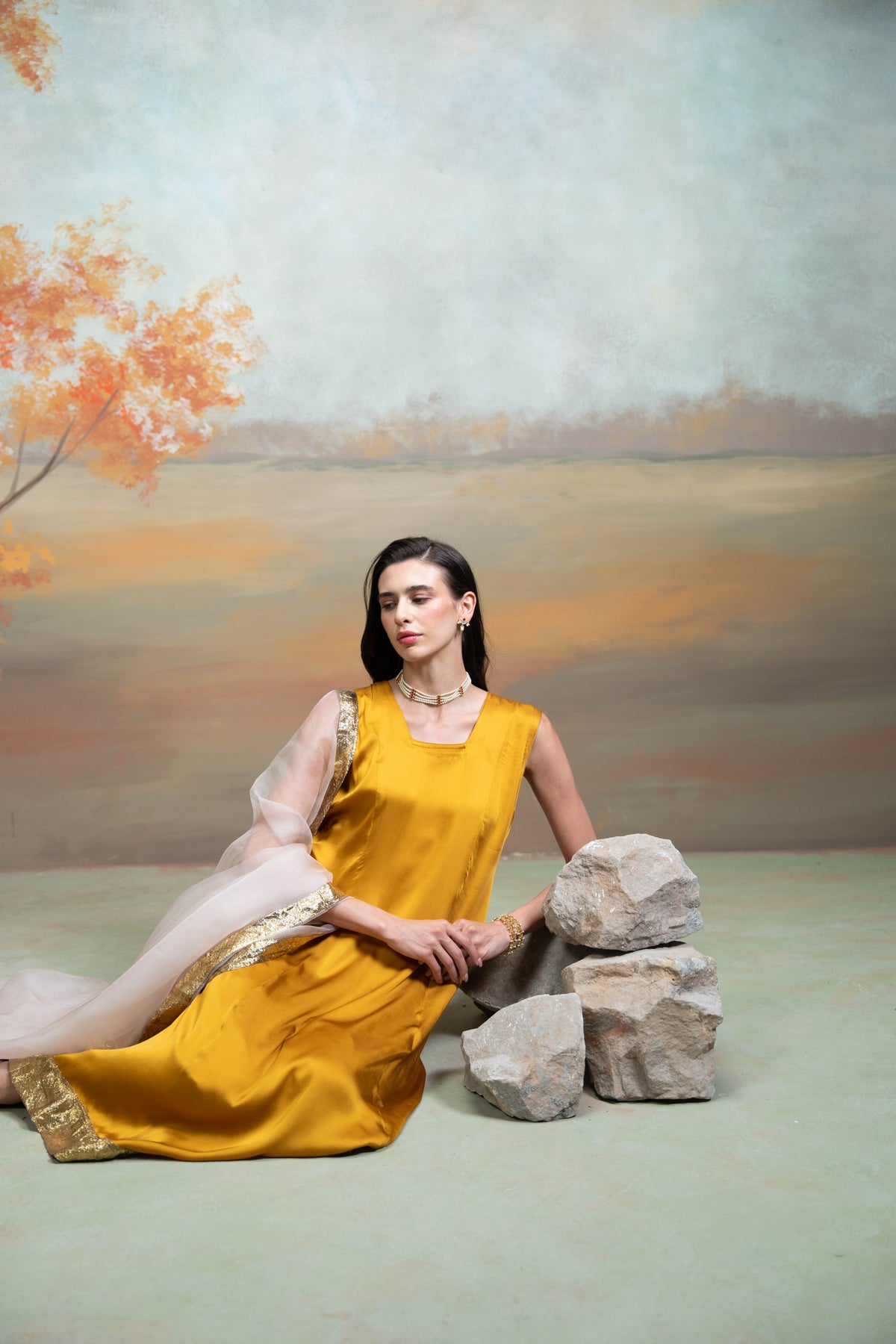 Yellow & Pink Textured Detailing Cotton Blend Anarkali Set (3 Pcs)