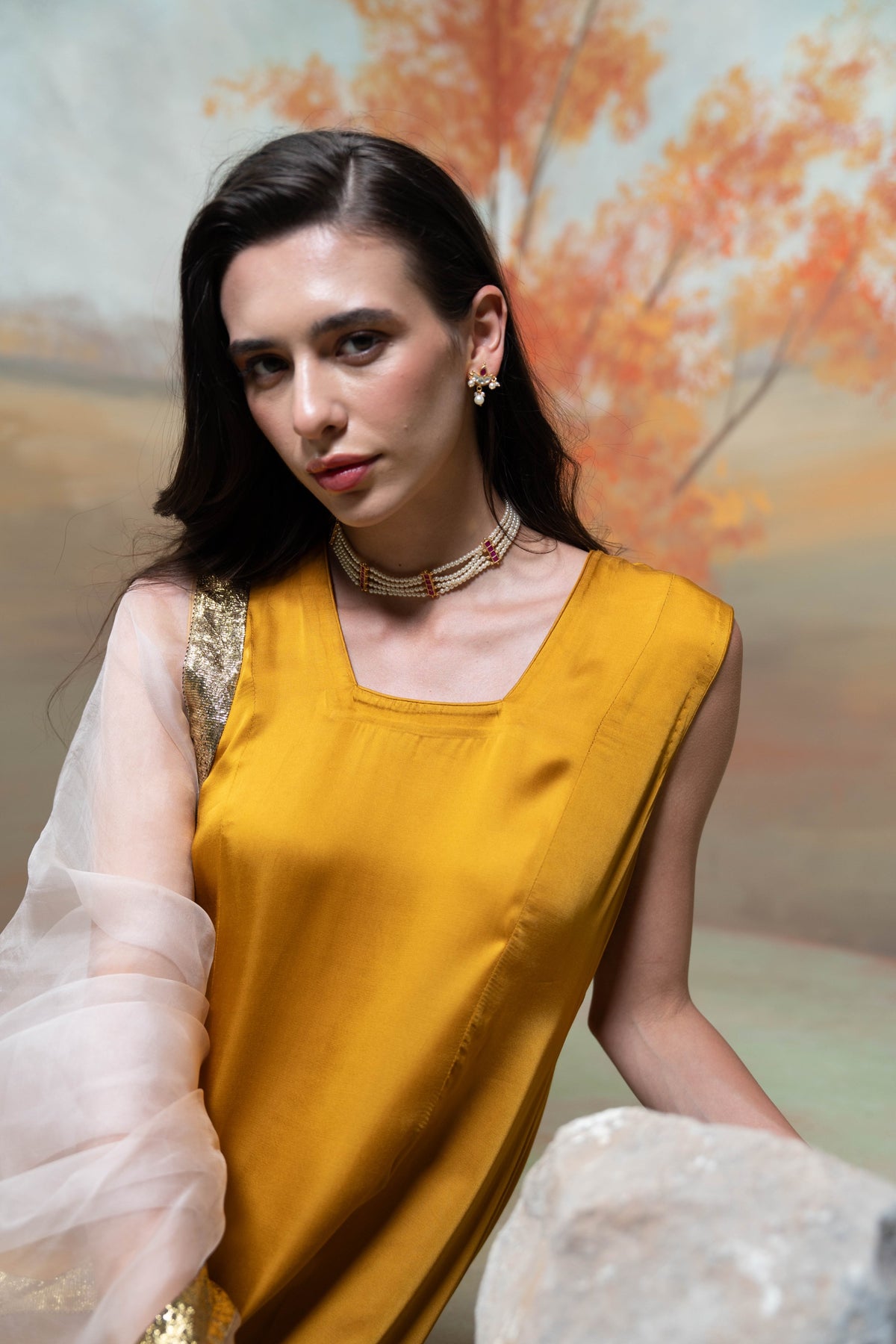 Yellow & Pink Textured Detailing Cotton Blend Anarkali Set (3 Pcs)