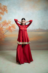 Maroon & Pink Pearl Lumpi Detailing Peplum Gharara Set (3 Pcs)