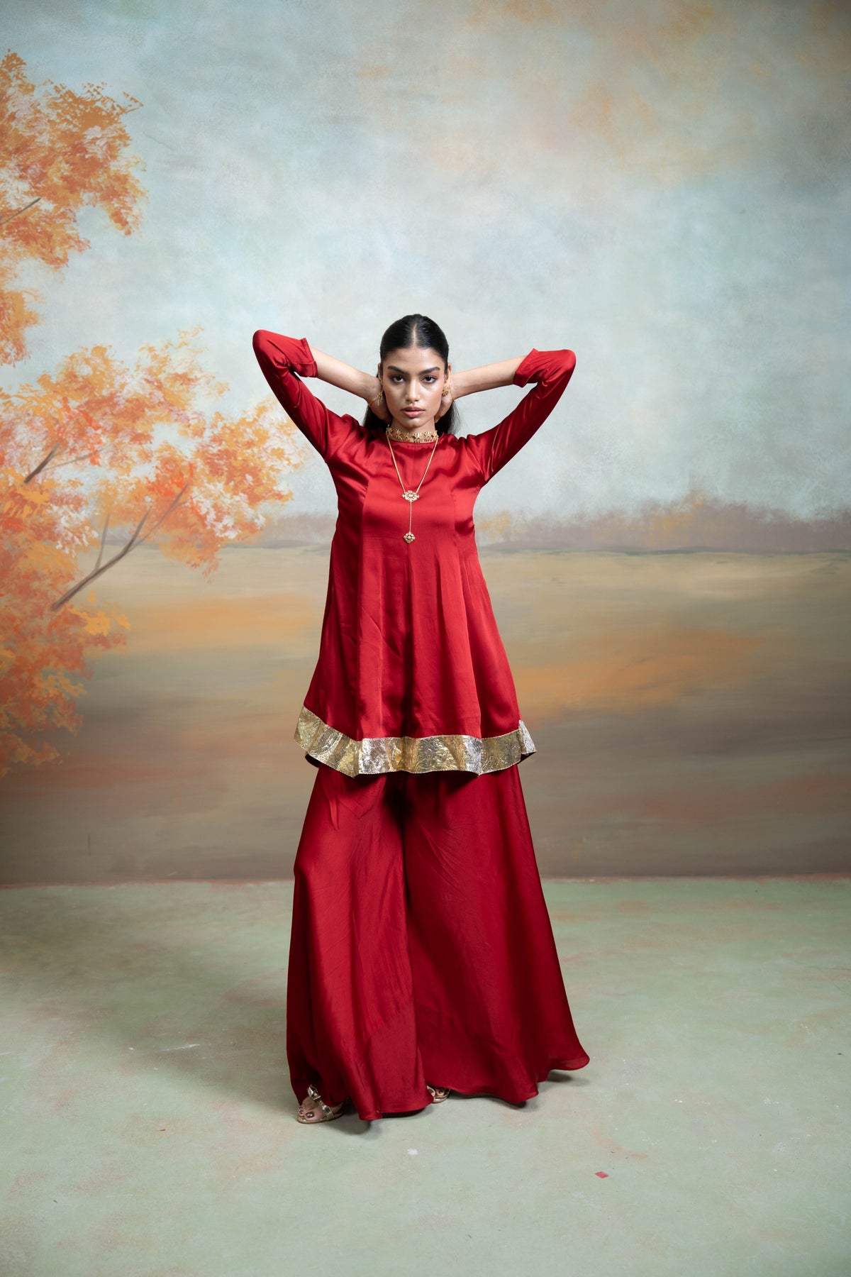 Maroon & Pink Pearl Lumpi Detailing Peplum Gharara Set (3 Pcs)