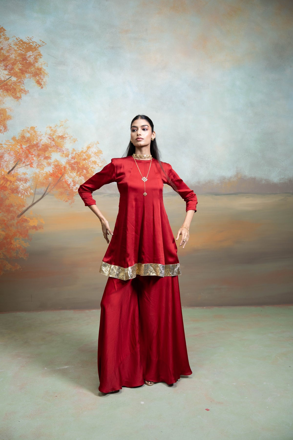 Maroon & Pink Pearl Lumpi Detailing Peplum Gharara Set (3 Pcs)