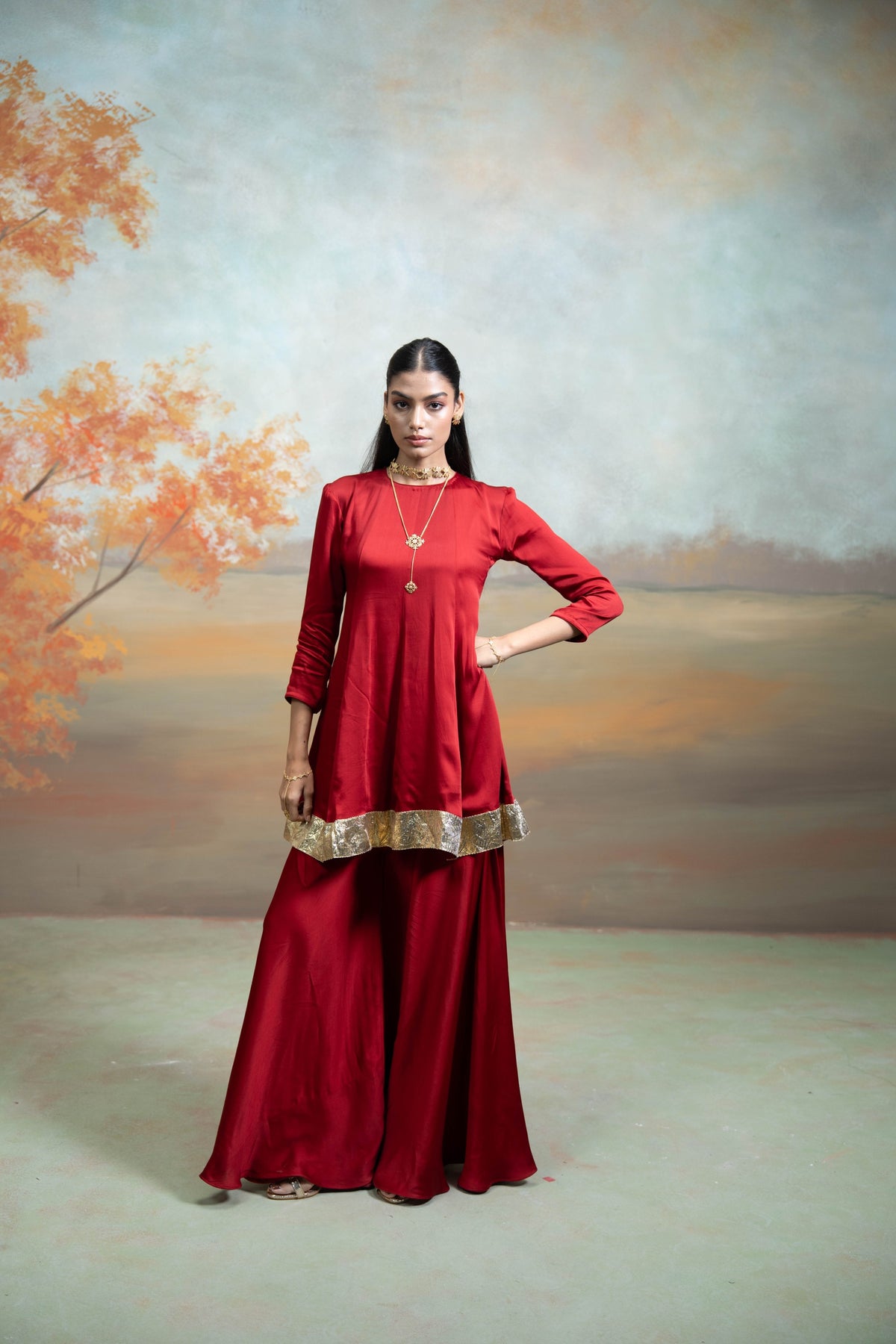 Maroon & Pink Pearl Lumpi Detailing Peplum Gharara Set (3 Pcs)