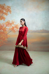 Maroon & Pink Pearl Lumpi Detailing Peplum Gharara Set (3 Pcs)