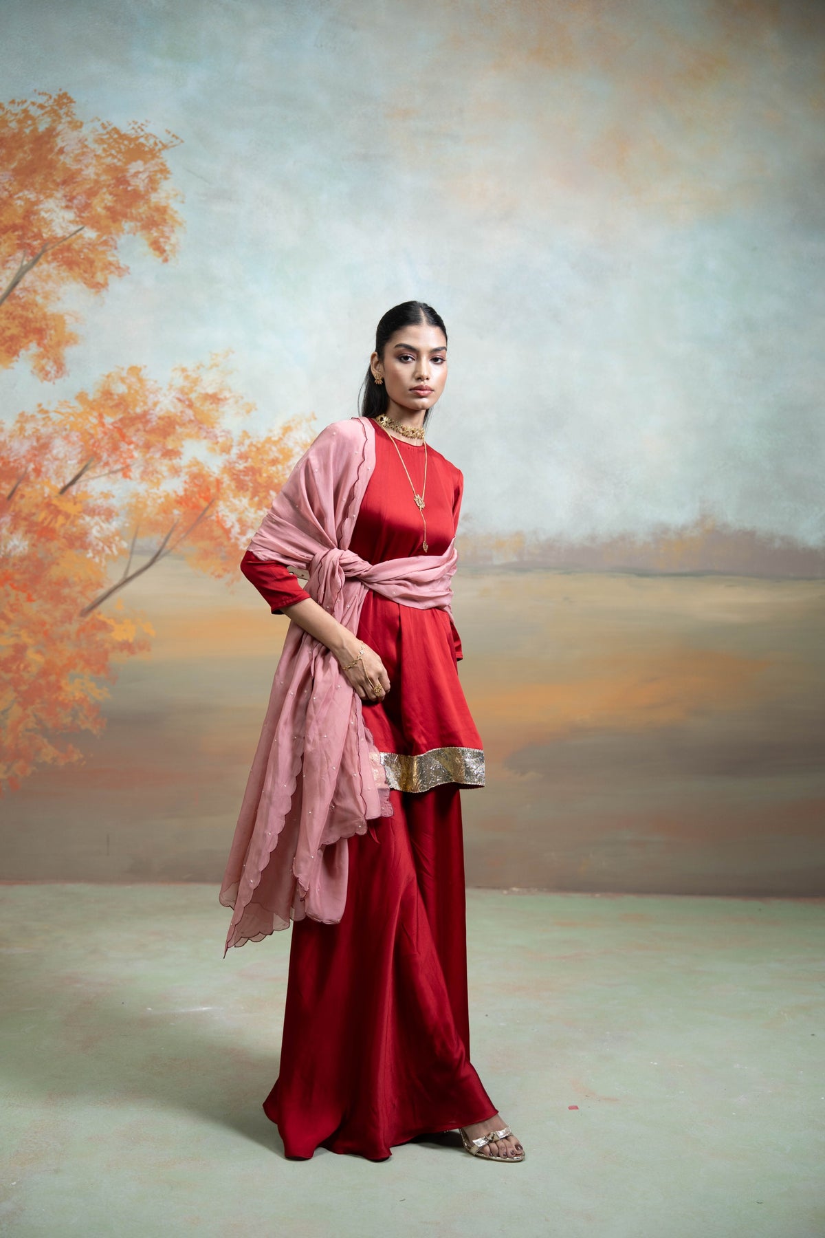Maroon & Pink Pearl Lumpi Detailing Peplum Gharara Set (3 Pcs)