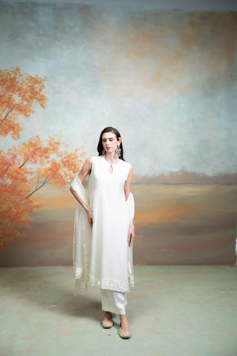 White Self Work Organza Kurta Set (3 Pcs)
